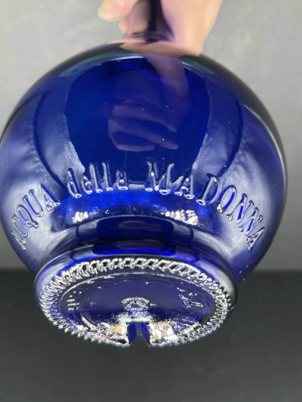Vintage Acqua della Madonna Teardrop Cobalt Blue Glass Bottle Vase Italy 10.5